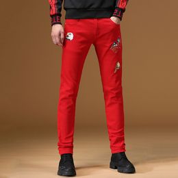 2021 new mens casual personality long pants stretch fashion bird embroidery jeans spring and summer cotton denim yellow red trousers