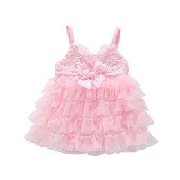 Korean Born Baby Girls Lace Tutu Dress for Infant Toddler Pink Romper Summer Birthday Soft Cotton Clothing 210529