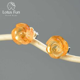 Lotus Fun Romantic Natural Quartz Amatista Rose Flor Stud Pendientes Real 925 Plata esterlina Pendientes de joyería fina para mujeres 210610
