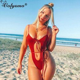 Colysmo Swimsuit Women Summer Cut Out Push Up Padded Swimwear Monokini Sexy Backless Lace Thong 210527