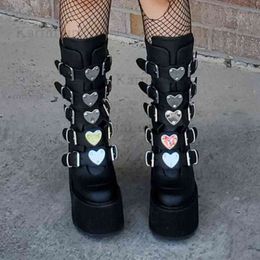 Brand Design Gothic Boots INS Hot Great Quality Fashion Cool Motorcycle Boots Big Size 43 Wedges Heart Platform Mid-Calf Boots YQ231025