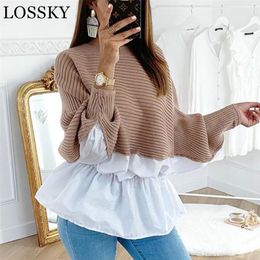 Autumn Winter Elegant Tunic Shirt Patchwork Casual O Neck Long Sleeve Ruffles Coffee Korean Blouse Shirts Street wear Clothing 210303