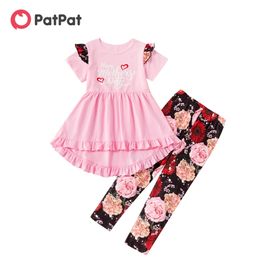 Arrival Summer Kids Girl Letter Print Ruffled Tee and Floral Allover Pants Set 210528