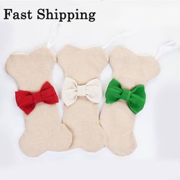 Personalized Wavy Bow Christmas Stocking Burlap Dog Bone Sock Sublimation Candy Bags For Decoration Gift