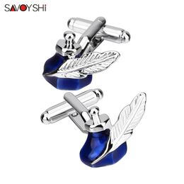 SAVOYSHI Retro Europe Blue Ink tank Cufflinks for Mens Business Shirts Gift High quality Feather Cuff links engraving Name