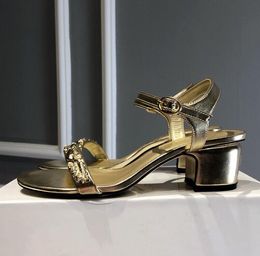 Women Fashion Stylish Golden Thick Heel Sandals Summer Sexy Comfortable Soft Non-slip Elegant Ladies Buckle Shoes with Shiny Rhinestones