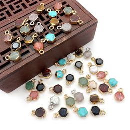 8x12mm Gold Edge Natural Crystal Hexagon Stone Charms Rose Quartz Turquoise Pendants Trendy for Jewelry Making Wholesale