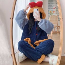 Sleepwear Woman Winter Cute Pyjamas Suit Female Sweet Hooded Bowknot Long Sleeve Warm Home Service Two-piece Pyjama Set 211215