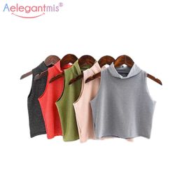 Aelegantmis Women Solid Black Tank Tops Fashion Streetwear Turtleneck Sleeveless Short Ladies Casual Elastic Slim Crop Top 210607
