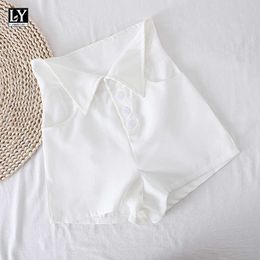 LY VAREY LIN Summer Fashion Office Lady Black White A-line Shorts Women Casual Single Breasted High Waist Wide Leg 210526