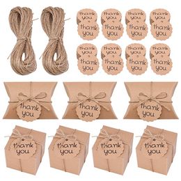 50pcs/lot Mini Pillow Shape Kraft Paper Candy Box Wedding Gift Boxes With Ribbon And Thank You Tags For Home Party Supplies