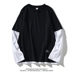 High Quality Autumn Spring Fashion Oversize Fake Two Pieces Tshirt Men's Long Sleeve Casual O Neck T-Shirt For Man TOP TEES 210722