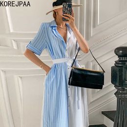 Korejpaa Women Dress Summer Korea Chic Simple Elegant Commut Collar Stripe Colour Matching Single Breasted with Belt Dresses 210526