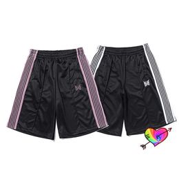Black Needles Shorts Men Women High Quality Pink Purple Butterfly Embroidery Striped AWGE Needles Shorts Slightly Loose Breeches X0628