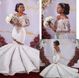 Crystal African Off Shoulder Mermaid Wedding Dresses Luxury Long Sleeves aso ebi nigerian Open Back Sheer Lace Bridal Gown