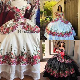 Vintage Charro White Black Quinceanera Dresses For Mexican Girls Off The Shoulder Birthday Masquerade Party Prom Dress Corset Swee273c
