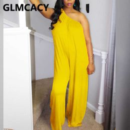 Women One Shoulder Wide Leg Bodycon Jumpsuit Solid Chic Sleeveless Casual Plus Size Overall 210702