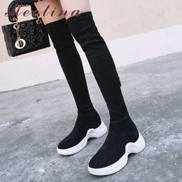 kids knee boots Canada - Meotina Genuine Leather Over The Knee Boots Women Kid Suede Flat Platform Long Boots Zipper Ladies Shoes Autumn Winter Black 40 210608