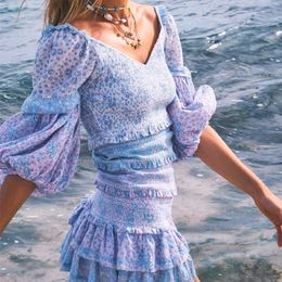 Boho Inspired Floral Color Blocked Patchwork Mini Party Puff Sleeve Ruffle Women Tiered Sexy New Summer Dress 210315