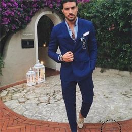 Men's Suits & Blazers -Selling Double-Breasted Suit With Pointed Lapel Blue Bridegroom Wedding Business Prom Evening Dress (Coat + Pants)