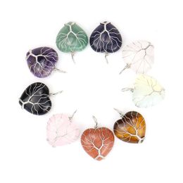 Healing Crystal Natural Stone Heart Charms Necklaces Twine Tree of life Wire Wrap Pendant Turquoise Amethyst Tiger Eye Rose Quartz Wholesale Jewellery gift