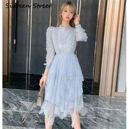 Woman Dress Apricot Lace O-neck Autumn Spring Irregular Elegant Party Full-sleeve High Waist Vestidos Lady 210603