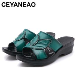 CEYANEAOSummer new women's shoes female leather soft soles mother slippers mid heel slope with skid comfortable slippersE986 Y200423