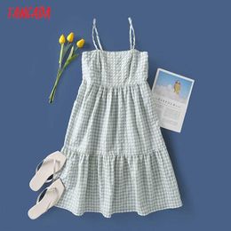 Tangada Women Green Plaid Summer Dress Strap Adjust Sleeveless Fashion Lady Dresses Vestido 4T64 210609