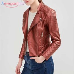Aelegantmis Fashion Spring Autumn Women Motorcycle Biker Red Coat Faux Leather Jacket Female Outerwear Cool Punk Streetwear 210607