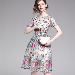 Summer Short Sleeve O-neck Party Dress Women Runway Floral Bohemian Flower Embroidered Beach Boho Mesh Dresses Vestido 210603