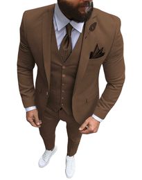 Men Suits 3 Pieces Slim Fit Casual Business Champagne Lapel Khaki Formal Tuxedos for Wedding Groomsmen (Blazer+Pants+Vest) X0608