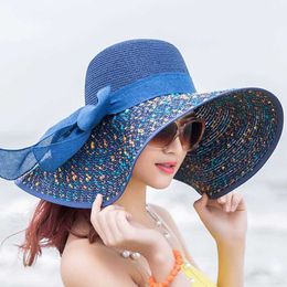 -Damas anchas alarte sombreros de paja al aire libre plegable roll up la playa lentejuelas de la playa de las mujeres sombreros de paja floppy sol sombrero con gran bowknot