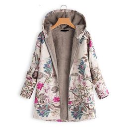 Woman Parkas Winter Warm Down Jacket Flower Print Hooded Coat Vintage Oversized Outerwear Loose Fleeces Lining Buttoned Parka 210923