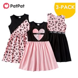 Arrival Summer 3-piece Kids Leopard Love Dresses Set Girls Sleeveless Dress Children's Clothing 210528