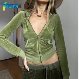 YICIYA Casual Velvet Crop Top Winter Zipper Sweatshirt And Pants Ladies Fashion Skinny tracksuit women y2k Solid Hoodies Suit 220315
