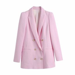 Evfer Spring Autumn Fashion Girl Double Breasted Za Pink Long Blazer Outwear Women Stylish Sleeve Slim Woolen Jackets Chic 211019