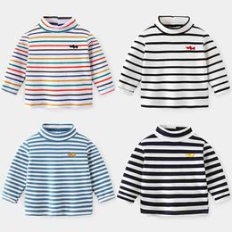 Spring Autumn Winter 2 3 4 6 8 10 Years Cartoon High Neck Pullover Basic Turtleneck Striped Soft T-Shirt For Kids Baby Boy 210625
