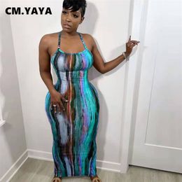 CM.YAYA Tie Dye Print Halter Open Back Maxi Dress For Women Bodycon Sleeveless Splited Pencil Midi Long Dresses Summer 210623