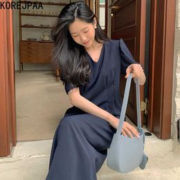 Korejpaa Women Dress Korean Fashion Chic Simple Temperament Solid Colour V-neck Pleated Waist-slim Open Fork Bag Hip Vestido 210526