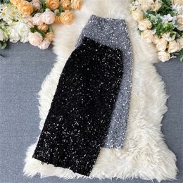 FTLZZ Women Sequins Pencil Skirts Korean Elegant Mid Length Bodycon Jupe Spring Sexy Femme Trend High Waist Slim Shinny Skirt 210310