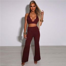 Women's Two Piece Pants Y-L Fashion Women Solid Ribbed Knitted Set Casual V-Neck Back Criss Cross Tank+High Waist Wide Legs Matching