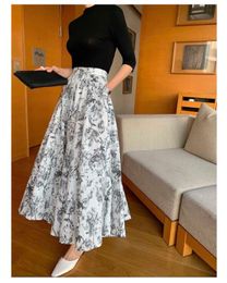 Korean Chic Retro Slim Temperament O Neck Full Black Knitted Shirts Tops High Waist Big Swing Floral Print Skirts Matching Sets 210610