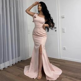 One Shoulder Split Mermaid Evening Dresses Sweep Train Satin Formal Long Prom Party Gowns Special Occasion