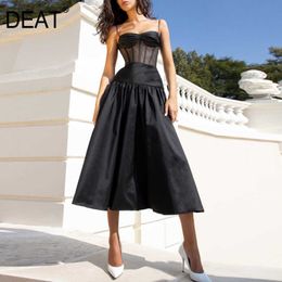 [DEAT] Summer Fashion High Waist Sling Knee-length Sleeveless A-line Elegant Dress Women Quality 13C793 210527