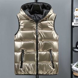 Size 5XL 6XL Winter Men Bright Vest Hooded Warm Thicken Waistcoat Cotton-Padded Solid Color Waterproof Male Streetwear 211108