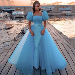 Light Sky Blue Elegant Modest Evening Wear Dresse Dubai Arabic Strapless Sequins Backless Formal Dress Prom Gowns Celebrity Robe De Soiree