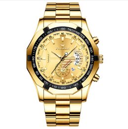 Fngeen Brand White Steel Quartz Mens Watches Crystal Glass Watch Date 44 مم قطر الشخصية الذهب الذهب الأنيق مضيئة رجل الرسغ