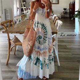 Bohemian Style Paisley Loose Women Dress Summer O-neck Ruffles Dress Spaghetti Straps Maxi 210309