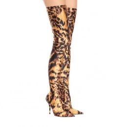 Boots Heels Thin Over The Knee Women's Shoes Autumn Winter Leopard Print Fashion Elastic Pointed Toe Thigh