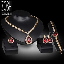 Jewellery Sets Luxury designer Bracelet Women's Set Wedding Party Water drop Red Crystal Necklace Earrings Ring High Quality Indian Gold